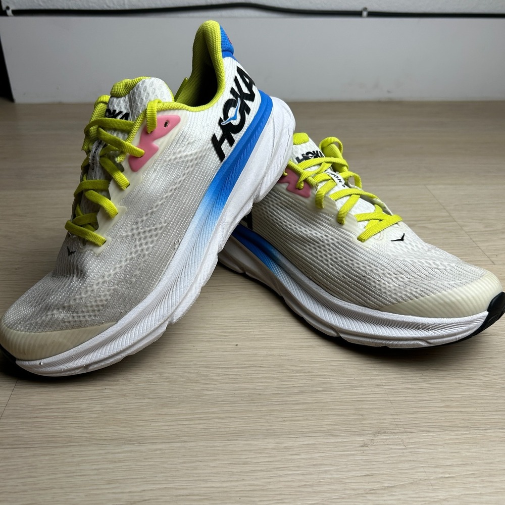 Hoka Clifton 9 Youth 6.5 Womens 8 White Lime Blue Running Shoes 1131170 BVR